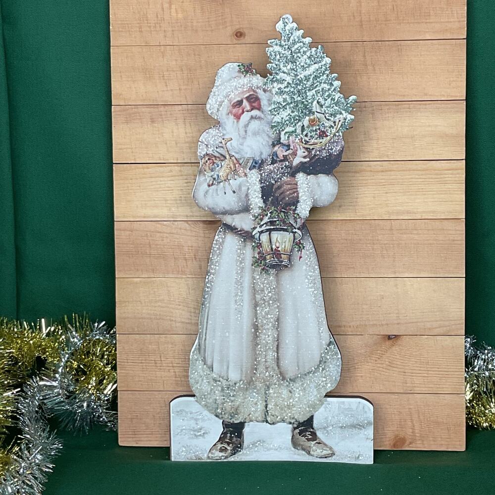 White Santa Claus Wooden Standee Glitter Old World Father Christmas Sign